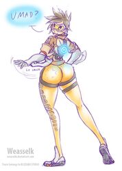 1girls 2016 2d :p ass big_ass blizzard_entertainment brown_hair clothed dat_ass dialogue female female_only goggles human looking_at_viewer looking_back mammal overwatch overwatch_2 rear_view short_hair sketch skin_tight smack smile solo solo_female spiky_hair standing text tongue tongue_out tracer weasselk white_background