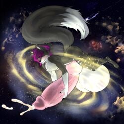 absurd_res anthro astronomical_hyper balls big_balls big_penis blush bodily_fluids canid canine cum fox galaxy genital_fluids genitals hi_res huge_balls huge_cock hyper hyper_balls hyper_genitalia hyper_penis leaking_cum leechpup lucanus_(thatfoxluca) male mammal masturbation penis solo space