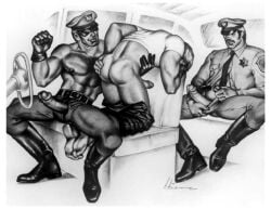 alpha_male black_and_white boots cocky cocky_smile cop daddy etienne_(artist) fist fraternity gay gay_sex gloves homosexual lad leather leather_boots leather_gloves male male_only males_only manly masculine masculine_male muscular muscular_male police police_car police_hat police_officer police_uniform stephen_(artist) tough_guy vintage