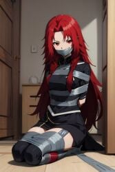 ai_generated arms_behind_back arms_tied_behind_back bondage bound bound_arms bound_legs duct_tape duct_tape_gag gag gagged iris_midgar kage_no_jitsuryokusha_ni_naritakute! long_hair looking_at_viewer on_knees on_the_floor red_eyes red_hair solo tape_bondage tape_gag taped_arms taped_legs taped_mouth the_eminence_in_shadow tied_up