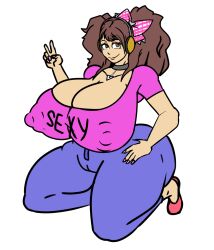 breasts_bigger_than_head brown_hair busty cleavage clothed collar female female_only huge_breasts hyper_breasts kujikawa_rise looking_at_viewer nipple_bulge peace_sign persona persona_4 pigtails sob4art text_on_clothing text_on_topwear thick_thighs thighs tight_clothing twintails