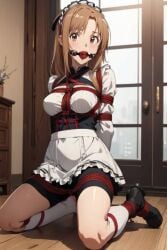 ai_generated ball_gag blush bondage bound female female_only femsub fully_clothed gag harness looking_at_viewer maid on_knees red_ball_gag red_rope rope rope_bondage sword_art_online tied_up yuuki_asuna