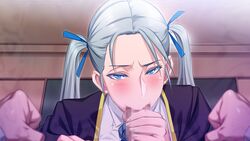 :>= blue_eyes blush butcha-u censored fellatio female game_cg grey_hair highres indoors long_sleeves looking_at_viewer meikoku_gakuen_jutai_hen:_onegaishimasu......_sensei_no_seieki_de,_watashi-tachi_wo_tasukete_hoshiin_desu! mosaic_censoring oral penis pov school_uniform silver_hair solo_focus teikei_rio tied_hair twintails