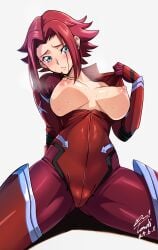 areolae blue_eyes blush bodysuit breasts cameltoe clothing code_geass dated erect_nipples female female female_only gloves high_resolution kallen_stadtfeld large_breasts looking_at_viewer nipples open_bodysuit open_clothes parted_lips red_bodysuit red_hair shiny shiny_clothes shiny_skin short_hair signature simple_background skin_tight solo spread_legs sweat very_high_resolution white_background yoo_tenchi