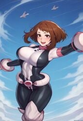 1girls ai_generated big_ass big_breasts big_butt big_nipples big_thighs blush brown_eyes brown_hair female flying huge_ass huge_breasts huge_butt huge_nipples huge_thighs multicolored_bodysuit my_hero_academia ochako_uraraka ochako_uraraka_(hero_outfit) wanuze wide_hips