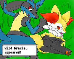 ambiguous_gender ass black_fur blue_fur braixen canine fangs feet fox furry grass half-closed_eyes looking_at_viewer looking_back lucario nintendo nude open_mouth outdoors paws pokemon pokemon_(species) pokemon_dppt pokemon_xy red_eyes smile standing tail teeth text tongue_out white_fur wild