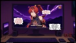 1girls ai_generated cleavage comic comic_page computer english_text female game gaming keyboard nyxworks page_3 page_number pointy_ears red_hair wuthering_waves yinlin_(wuthering_waves)