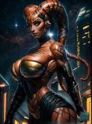 1girls ai_generated alien alien_girl big_breasts breasts cleavage darth_talon jadegretz looking_at_viewer red_skin solo star_wars twi'lek