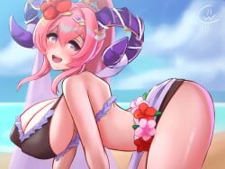 1girls all_fours alternate_costume bare_arms bare_thighs beach bent_over bikini black_bikini black_swimsuit blush ciderwrath cleavage covered_nipples female female_only fire_emblem fire_emblem_heroes flower hair_between_eyes hair_flower horns kneeling looking_at_viewer looking_back nerthuz_(fire_emblem) nerthuz_(summer)_(fire_emblem) nintendo ocean official_alternate_costume open_mouth outdoors pink_hair ponytail purple_eyes sideboob smile solo swimsuit thighs