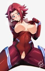 areolae blue_eyes blush bodysuit breasts breasts_apart cameltoe censored clothing code_geass dated erect_nipples female female female_only gloves high_resolution kallen_stadtfeld large_breasts looking_at_viewer mosaic_censoring nipples open_bodysuit open_clothes parted_lips red_bodysuit red_hair shiny shiny_hair shiny_skin short_hair signature simple_background skin_tight solo spread_legs sweat torn_clothes vagina very_high_resolution white_background yoo_tenchi