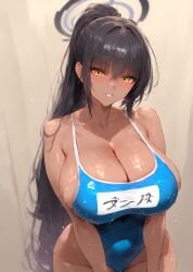 ai_generated big_breasts black_hair blue_archive blush bodily_fluids bodysuit braless breasts breasts breasts_bigger_than_head dark-skinned_female dark_skin gigantic_breasts halo hi_res high_resolution highres hips hollowbeak huge_breasts karin_(blue_archive) long_hair looking_at_viewer no_bra ponytail pressing_breasts_together school_swimsuit simple_background small_clothes smile swimsuit swimsuits swimwear tagme tagme_(artist) tagme_(character) thighs tight_clothes tight_clothing tight_fit undersized_bra undersized_clothes wide_hips yellow_eyes