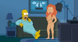 1boy 1girls 20th_century_fox 20th_century_studios accurate_art_style areolae big_breasts completely_naked completely_nude completely_nude_female crossover exposed_breasts family_guy female gp375 hairless hairless_pussy homer_simpson huge_breasts large_breasts living_room lois_griffin male mons_pubis nipples orange_hair redhead shaved_crotch shaved_pussy smiling the_simpsons yellow_skin