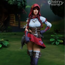 cherrynsfw fable_(fortnite) forest fortnite gloves green_eyes hood lifting_skirt partially_clothed red_hair skirt thigh_high_boots thighhigh_boots