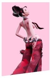3d 3d_(artwork) black_hair blender blender_(artwork) blender_(software) blender_cycles camille_(fortnite) female female_focus female_only fortnite fortnite:_battle_royale pale-skinned_female pale_skin pants piercing red_eyes solo solo_female solo_focus thong topless topless_female undead_h34d