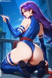 2d ai_generated ass ass_focus blue_leotard elbow_gloves kneeling leotard long_hair marvel night psylocke purple_hair tagme thighhighs x-men