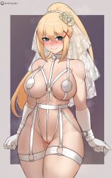 1girls blonde_hair blue_eyes bondage breasts darkness_(konosuba) female garter_straps hi_res hioyami huge_breasts kono_subarashii_sekai_ni_shukufuku_wo! light-skinned_female light_skin long_hair naughty_face useless_clothing voluptuous wedding_veil