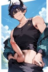 ai_generated balls big_penis black_hair erect_penis gay hairy_armpits muscular muscular_male nijisanji nijisanji_en penis pie_yo21 pink_nipples pubic_hair ren_zotto tagme virtual_youtuber yaoi