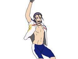 1boy abs animated arm_raised black_hair bulge dancing exposed_nipples feet_out_of_frame hanao_(sechzehn) looking_at_viewer male_only mouth_open muscle open_shirt pecs penis_under_clothes shorts solo tagme toudou_jinpachi twerking white_background yowamushi_pedal