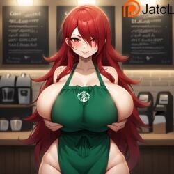 ai_generated apron barista breasts_bigger_than_head holding_breast iced_latte_with_breast_milk jatol lactation meme mitsuru_kirijo naked_apron persona persona_3 red_eyes red_hair seductive smug