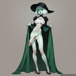 ai_generated black_lips black_lipstick classy creepy dress futa_only futanari ghost ghost_girl glowing_eyes large_breasts large_penis open_dress pale_skin penis rickette testicles victorian