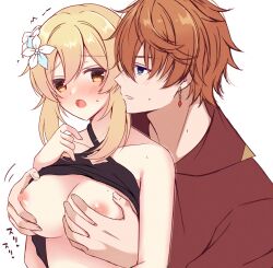 1boy black_shirt blonde_hair blue_eyes blush breasts clothes_lift earrings female flower genshin_impact hair_between_eyes hair_flower hair_ornament jewelry long_hair lumine_(genshin_impact) medium_breasts nipples open_clothes open_mouth open_shirt orange_hair red_shirt sex shirt shirt_lift short_hair short_hair_with_long_locks single_earring sk_99xx tartaglia_(genshin_impact) white_flower yellow_eyes