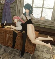 2girls 3d alternate_costume ass bangs bare_legs bare_thighs barefoot belt bent_over bent_over_lap blue_eyes blue_nails book boots bottomless breasts byleth_(fire_emblem) byleth_(fire_emblem)_(female) candle curtains dochaunt24 feathers female female_only femdom femsub fire_emblem fire_emblem:_three_houses from_above garreg_mach_monastery_uniform hair_between_eyes hand_on_head handprint hilda_valentine_goneril indoors ink_bottle large_ass large_breasts legs long_hair long_sleeves looking_at_another looking_back medium_breasts multiple_girls nail_polish nintendo no_panties on_table open_mouth pink_eyes pink_hair pink_nails punishment punishment_spanking schoolgirl shirt skirt smile spank_marks spanked spanking student table teacher teacher_and_student teal_hair teal_nails thick_thighs thighs tongue tongue_out upskirt very_long_hair window yuri