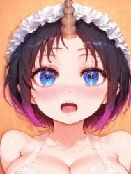 ai_generated big_eyes black_hair blue_eyes blush blush_lines breasts dark_hair dragon_maid elma_(dragon_maid) eyebrows_visible_through_hair eyelashes eyeliner hi_res high_resolution highres hollowbeak horn light-skinned_female light_skin maid maid_headdress maid_outfit maid_uniform mascara miss_kobayashi's_dragon_maid open_mouth purple_hair shiny shiny_hair shiny_skin tagme tongue