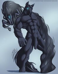 abs biceps black_fur black_hair blue_eyes drawesome equine feral fur glowing glowing_eyes hair horse humanoid looking_at_viewer male mammal muscular nude penis solo transformation