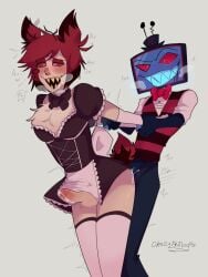 alastor_(hazbin_hotel) anal_penetration anal_sex balls blushing_male chest_tuft cum cum_in_ass deer_ears deer_horns deer_tail erect_penis from_behind gay grabbing_wrists hazbin hazbin_hotel heart-shaped_pupils heavy_breathing maid maid_dress maid_outfit male/male male_only male_penetrating_male monocle pleasure_face red_hair red_sclera saliva_trail sharp_teeth tv_head vox_(hazbin_hotel) white_background yaoi