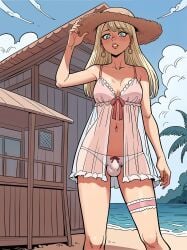 1futa ai_generated babydoll beach blonde_hair blue_eyes blue_sky blush breasts cloud day earrings futanari hat hoop_earrings icelocke jewelry lingerie long_hair looking_at_viewer navel navel_piercing ocean outdoors panties see-through sissy sky solo standing straw_hat underwear