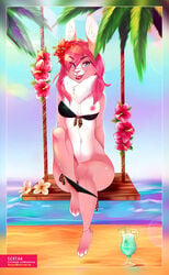 anthro areola beach bikini breasts clothing female hair hair_over_eye lagomorph looking_at_viewer mammal navel nipple_piercing nipples open_mouth outside panties panties_down piercing pink_fur pussy rabbit seaside sertaa sitting smile solo swimsuit teeth underwear