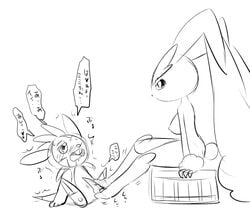 anthro aturn black_and_white blush breasts chespin duo female foot_fetish footjob fur lagomorph lopunny low_res male mammal nintendo nipples nude penis pokemon pokemon_(species) simple_background straight text translated white_background