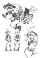 2girls ass belt breasts casual character_request colo cowboy_hat exposed_torso female footwear gloves handwear headwear holding_bag human jane_abigail_mori large_breasts monochrome multiple_views nipples nude open_mouth pale_skin shorts sketch smile tactical_nudity