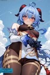 ai_assisted ai_generated blue_hair commission crudesiren embarrassed from_below ganyu_(genshin_impact) genshin_impact gloves horns looking_at_viewer medium_breasts no_bra patreon patreon_username purple_eyes pussy see-through see-through_clothing shy stockings thick_thighs thighs