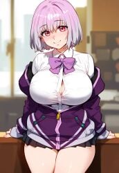 1girls ai_generated bangs black_skirt blurry blurry_background blush bow bowtie bra breasts bursting_breasts button_gap cardigan classroom cleavage closed_mouth clothing collared_shirt cowboy_shot curvaceous curvaceous_female curvaceous_figure desk eyebrows_visible_through_hair female female_focus female_only floxin gridman_universe indoors jacket large_breasts legwear light-skinned_female light_purple_hair long_sleeves looking_at_viewer miniskirt nose_blush off_shoulder open_clothes open_jacket pink_hair pleated_skirt presenting presenting_breasts purple_bow purple_bowtie purple_hair purple_jacket purple_neckwear red_eyes school_uniform shinjou_akane shirt short_hair sitting skirt smile solo ssss.gridman thick_thighs thighs uniform voluptuous voluptuous_female white_shirt zipper_pull_tab