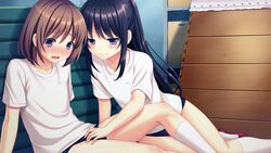 2boys akogareteita_ane_ga_otoko_no_ko_deshita_~josou_shitei_no_seikatsu_jijou~ black_hair blush brothers brown_hair buruma crossdressing crotch_grab femboy full-face_blush game_cg gay girly gym_storeroom gym_uniform kneehighs long_hair male_only minase_haru minase_kaoru multiple_boys naughty_face open_mouth ponytail purple_eyes shirt siblings sitting smile tied_hair tomekichi trap trap_on_trap vaulting_horse very_long_hair white_legwear yaoi