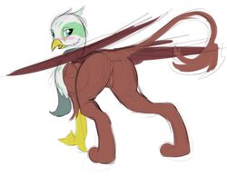 2016 absurd_res animal_genitalia ass avian bird blush clothing diction feathered_wings feathers female friendship_is_magic fur greta_(mlp) gryphon hi_res looking_at_viewer looking_back mammal my_little_pony open_mouth pussy scarf solo wings