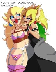 2girls ball_gag blue_eyes bondage bound boundlightning bowsette dominant_female domination drooling female female_focus female_only gag gagged hand_on_breast human mario_(series) princess_peach submissive submissive_female