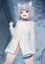 1girls absurdres animal_ears blue_eyes bottomless breasts cat_ears cat_girl cat_tail cloud cloudy_sky commentary_request covered_nipples drooling exhibitionism female grey_hair grey_sky highres hinata_(user_rjkt4745) nipples open_mouth original outdoors public_indecency pussy rain raincoat see-through sex_toy short_hair sky small_breasts solo standing tail two_side_up vaginal_insertion vibrator wet wet_clothes