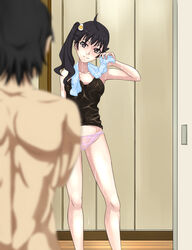 1boy araragi_karen araragi_koyomi bakemonogatari black_eyes black_hair breasts brother_and_sister clothed_female_nude_male clothing covered_nipples erect_nipples female hair monogatari_(series) panties parts_(missing1919) pussy see-through siblings side_ponytail smile sweat wet