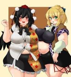 bbw belly_overhang belly_to_belly big_belly big_female blush blush chubby chubby_female embarrassed fat fat_ass fat_female fat_fetish fat_girl fat_woman fatty large_female mizuhashi_parsee nerizou obese obese_female overweight overweight_female pig plump pork_chop shameimaru_aya thick_thighs tight_clothes tight_clothing tight_fit touhou tubby weight_gain