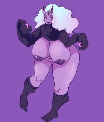 3_eyes beauty_mark beauty_mark_on_breasts chubby curly_hair demon demon_girl fat fat_ass gigantic_breasts horns hxxxperviolence multi_eye purple_skin socks spirit sweater white_hair