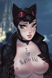 batman_(series) body_writing breasts breasts_out cat_hood catwoman dc dc_comics evasolo female goggles looking_at_viewer nipples open_clothes solo straight_hair