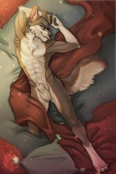 2016 abs animal_genitalia athletic bed bedding bedroom_eyes blanket canine digitigrade half-closed_eyes hi_res looking_at_viewer lying male male_only mammal on_back pawpads pillow pinup pose presenting seductive sheath stretching twistedhound wolf