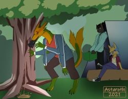 2_penises absurd_res anthro bodily_fluids camping diphallia diphallism forest forest_background gemini_the_sergal genital_fluids genitals group hi_res male multi_arm multi_genitalia multi_limb multi_penis multicolored_body nature nature_background peeing penis penis_tongue plant solo tree urine