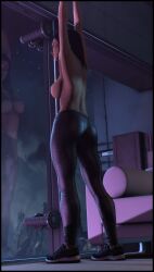 3d 3d_(artwork) ass ass_focus breasts_out female_focus female_only foab30 human mass_effect miranda_lawson topless topless_female yoga_pants