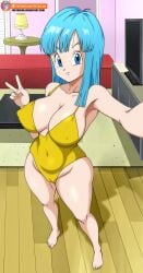 1girls big_breasts blue_hair dragon_ball foxybulma long_hair maron solo_female swimsuit