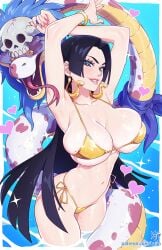 1girls bare_arms bare_legs bare_shoulders bare_thighs big_breasts bikini bikini_bottom bikini_top black_hair blue_eyes blush boa_hancock breasts_bigger_than_head clothed clothing color female female_focus female_only hi_res jewelry kajinman large_breasts light-skinned_female light_skin long_hair looking_at_viewer one_piece shounen_jump snake solo solo_female tagme thick_thighs water wet