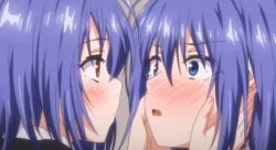 2females 2girls animated anime blue_eyes blush brown_eyes female/female female_on_female hoshizuki_kaede hoshizuki_suzu incest kaede_to_suzu kissing lesbian lesbian_kiss purple_hair sisters surprised twins yuri