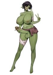 1futa balls black_hair breasts erection futa_only futanari green_skin hi_res huge_breasts huge_cock humanoid humanoid_penis naughty_face nude original original_character peace_sign penis short_hair solo standing thick_thighs unbeller uncensored